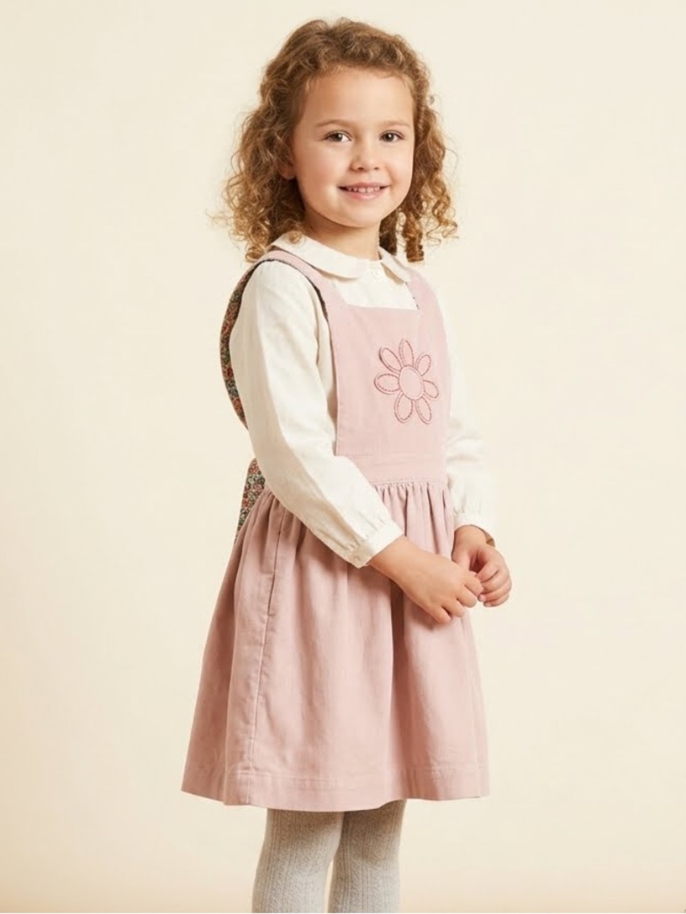 Mini Boden Girls Pink Cotton Corduroy Pinafore Dress with Floral Embroidery, 7/8